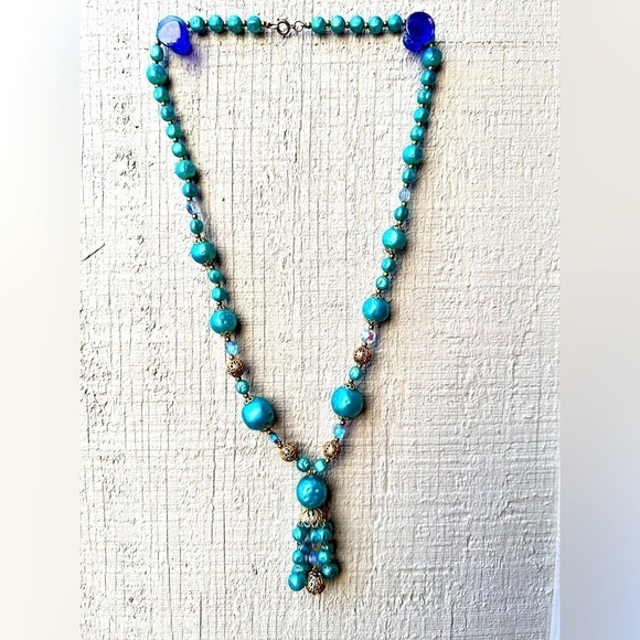 Vintage Necklace AB Crystals Faux Blue Pearls & Gold Beads With Tassel End 5389 - Picture 1 of 11